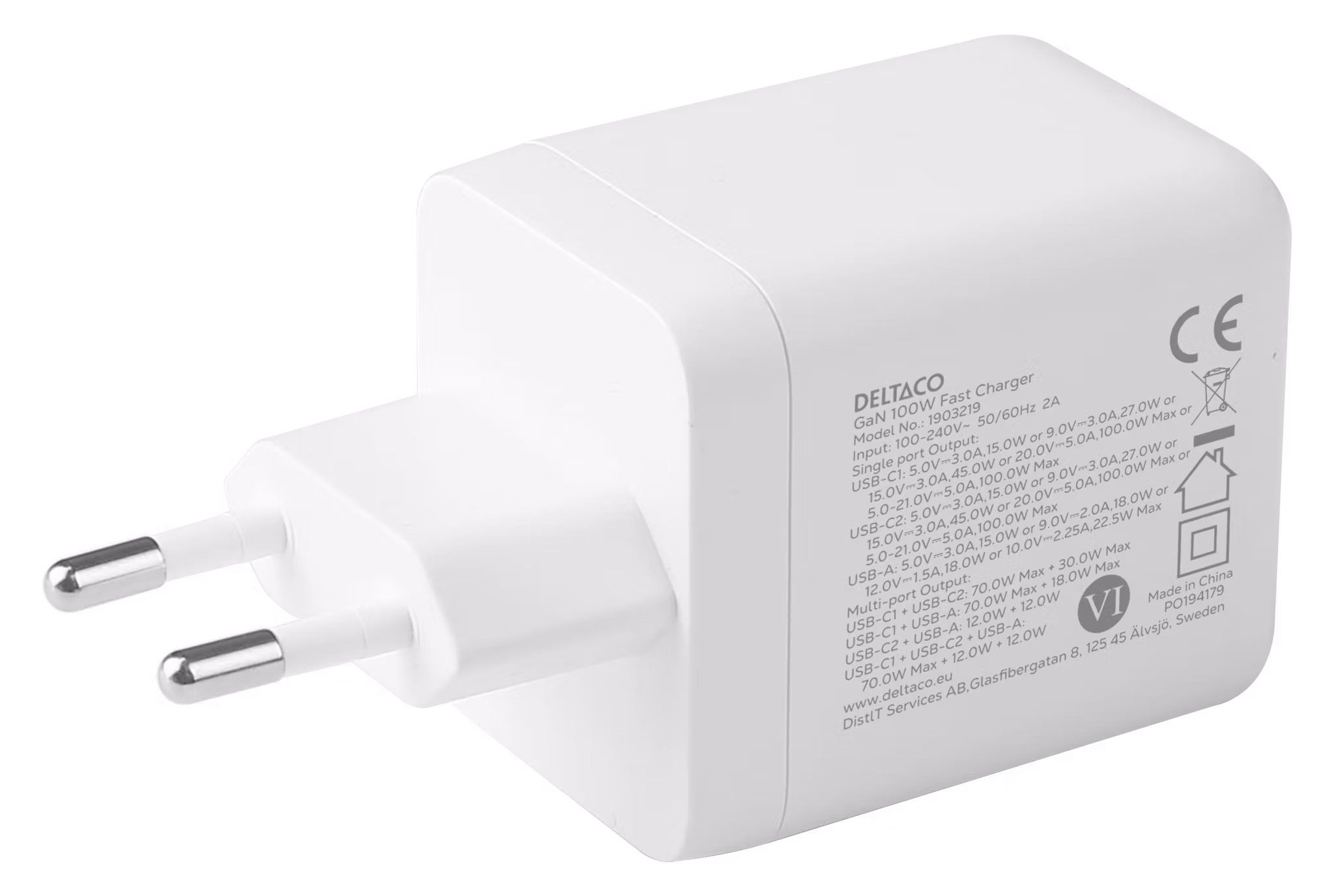 Deltaco USB GaN vegglader 100 W, 1x USB-A, 2x USB-C, PPS, hvit