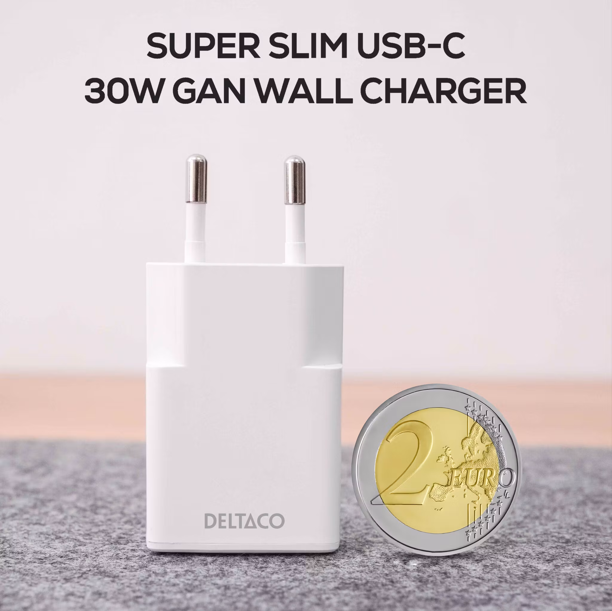 Deltaco USB-C vegglader, 1x USB-C PD 30 W, slank størrelse, støtter PPS