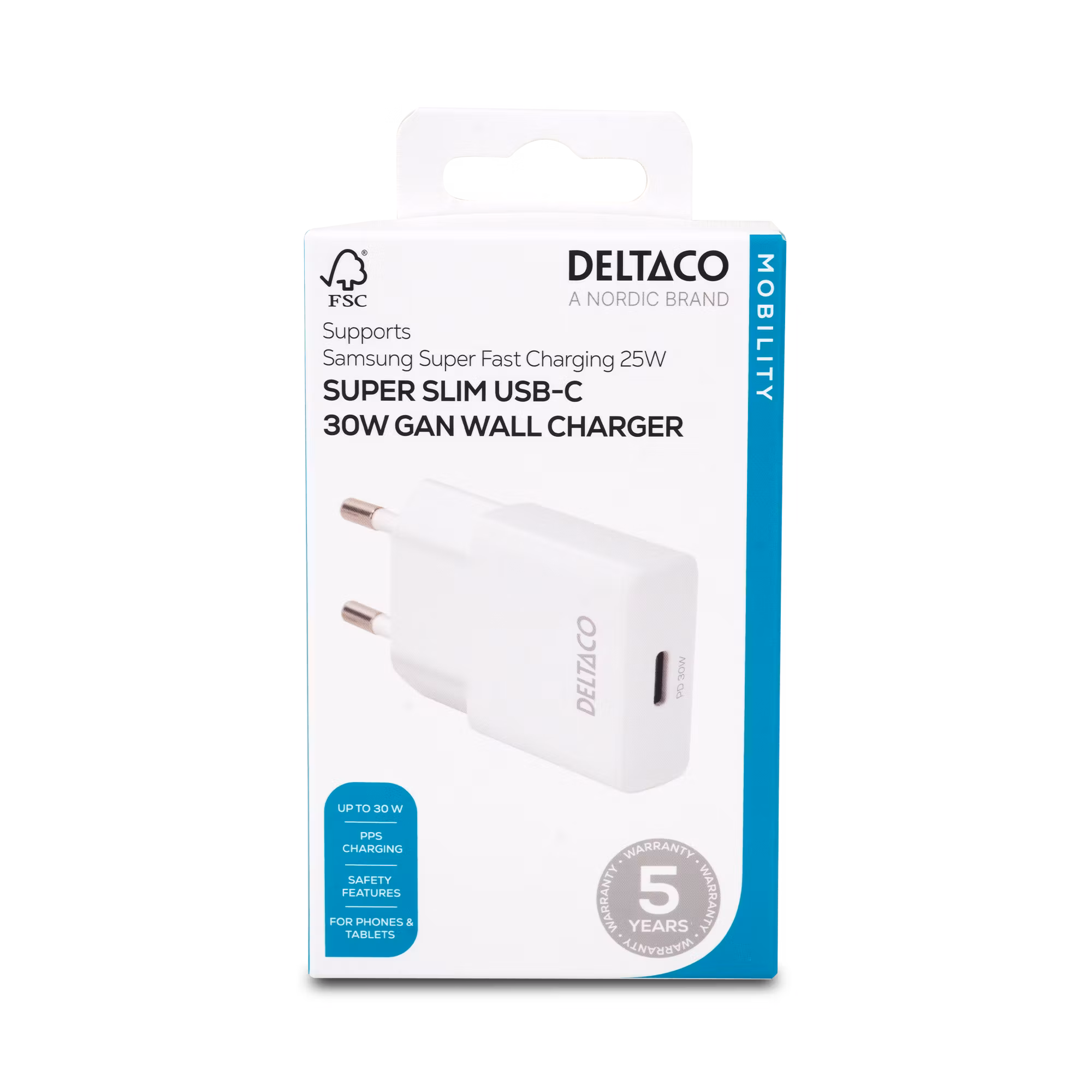 Deltaco USB-C vegglader, 1x USB-C PD 30 W, slank størrelse, støtter PPS