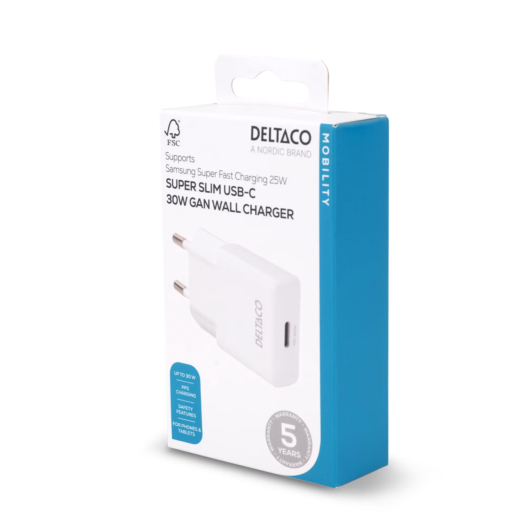 Deltaco USB-C vegglader, 1x USB-C PD 30 W, slank størrelse, støtter PPS