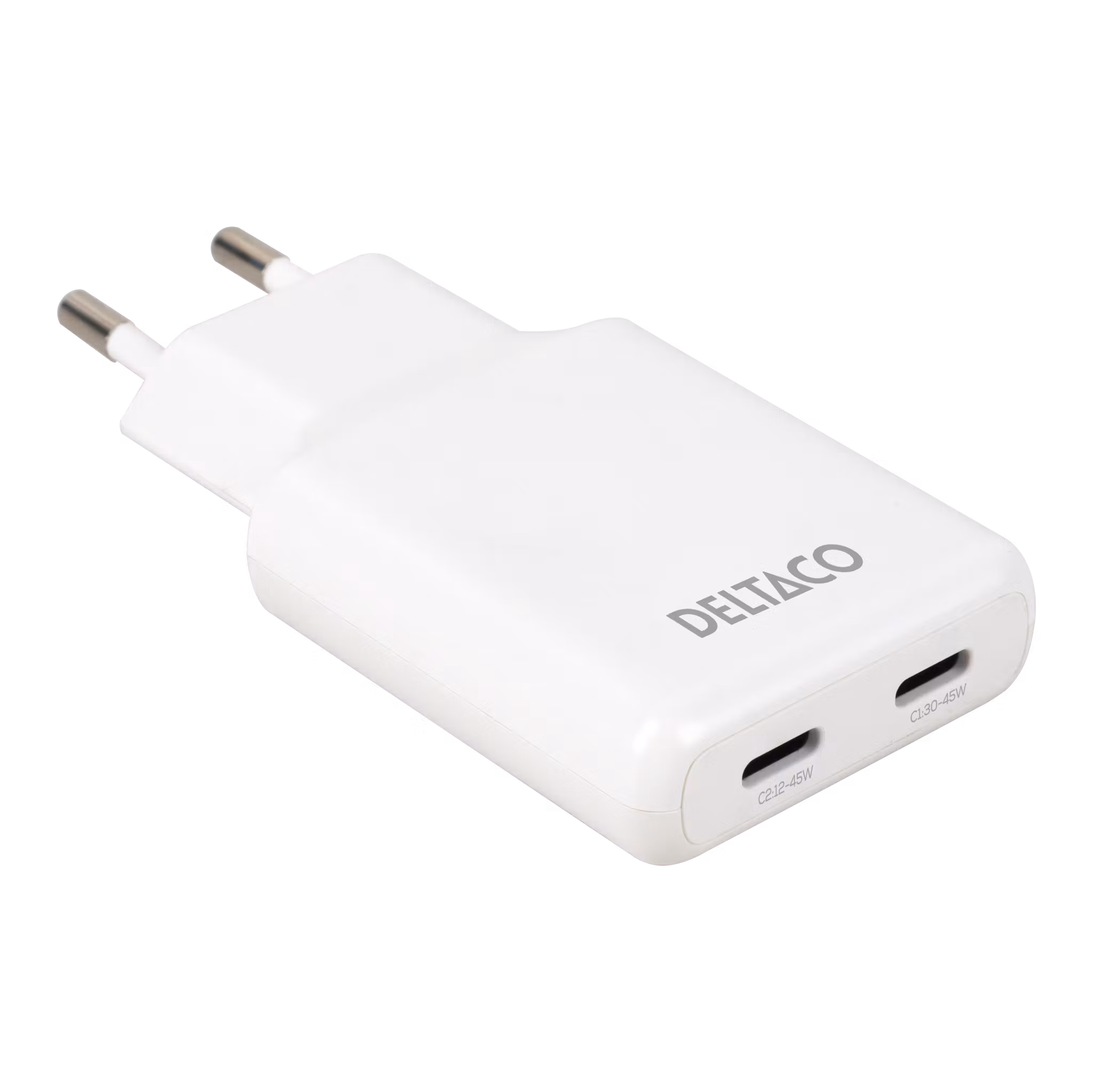 Deltaco USB-C vegglader 45 W, 2x USB-C PD, slank størrelse, støtter PPS
