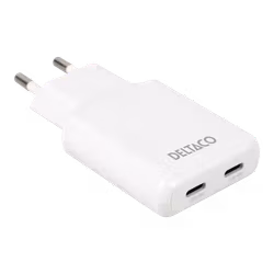 Deltaco USB-C vegglader 45 W, 2x USB-C PD, slank størrelse, støtter PPS