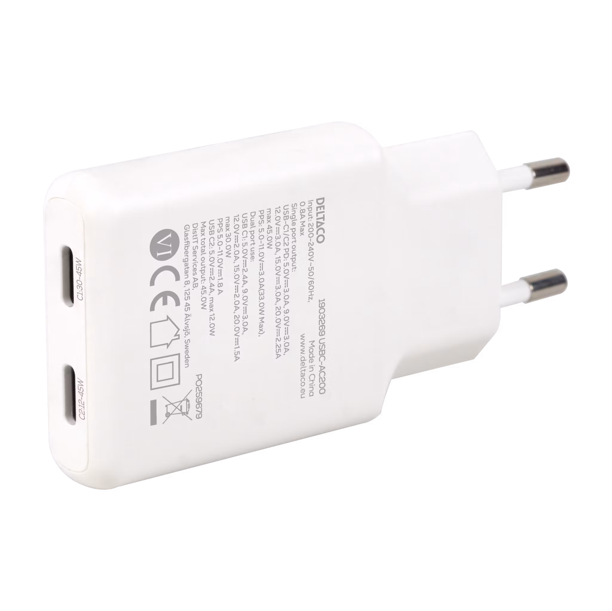 Deltaco USB-C vegglader 45 W, 2x USB-C PD, slank størrelse, støtter PPS
