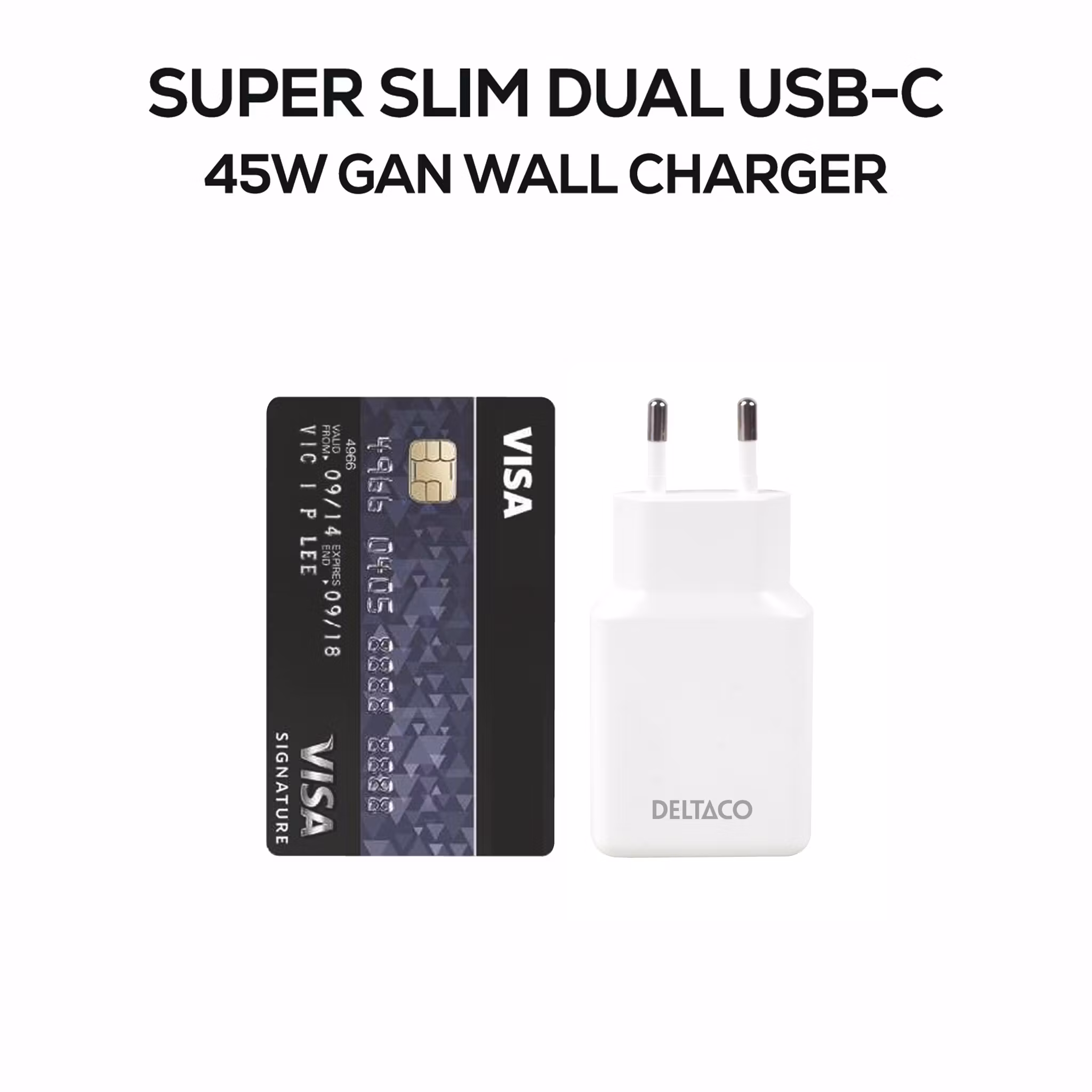 Deltaco USB-C vegglader 45 W, 2x USB-C PD, slank størrelse, støtter PPS