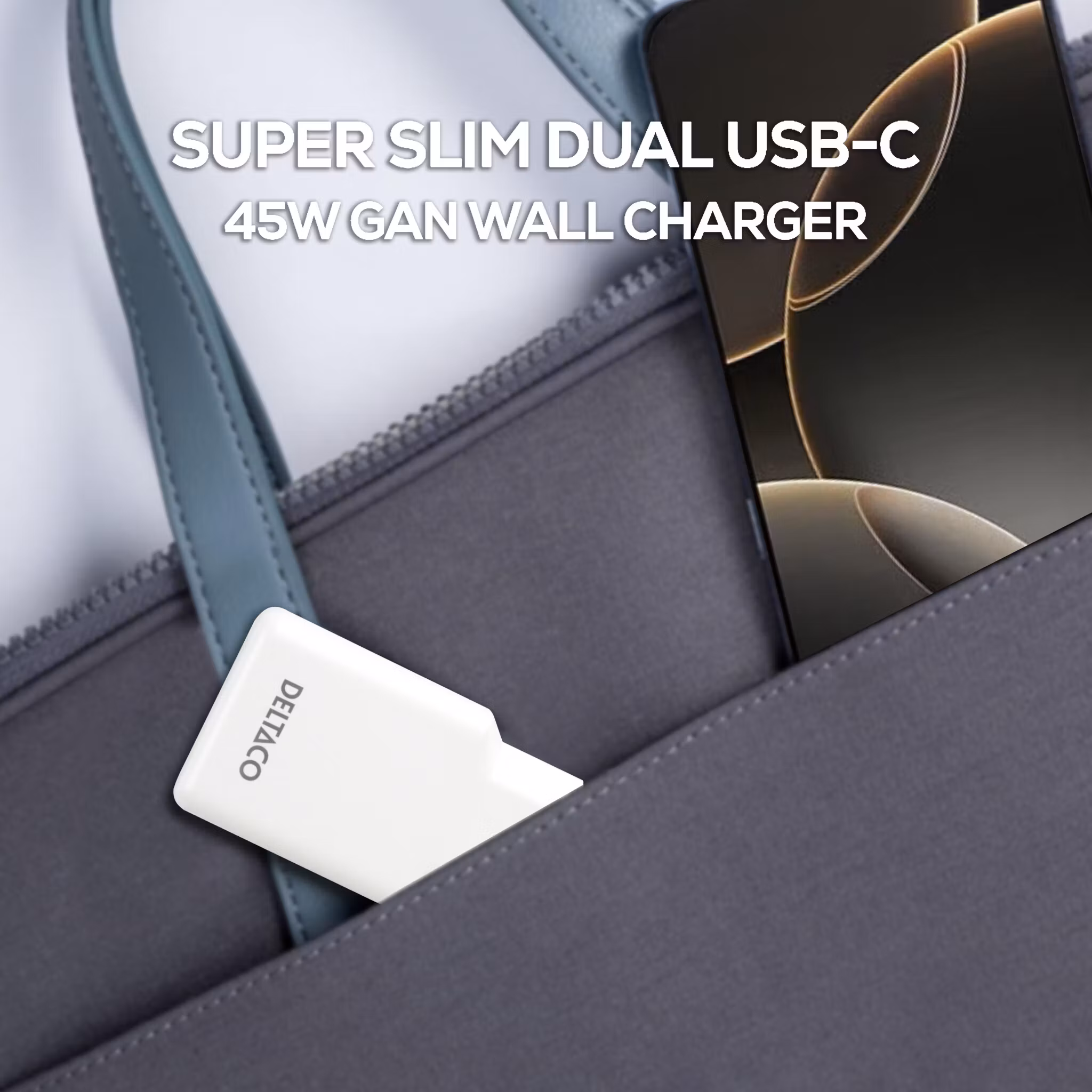 Deltaco USB-C vegglader 45 W, 2x USB-C PD, slank størrelse, støtter PPS