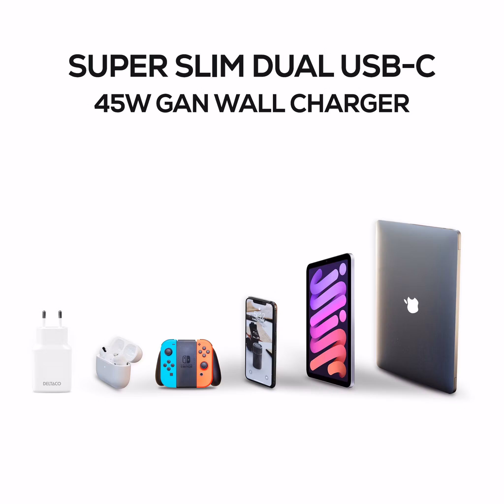 Deltaco USB-C vegglader 45 W, 2x USB-C PD, slank størrelse, støtter PPS