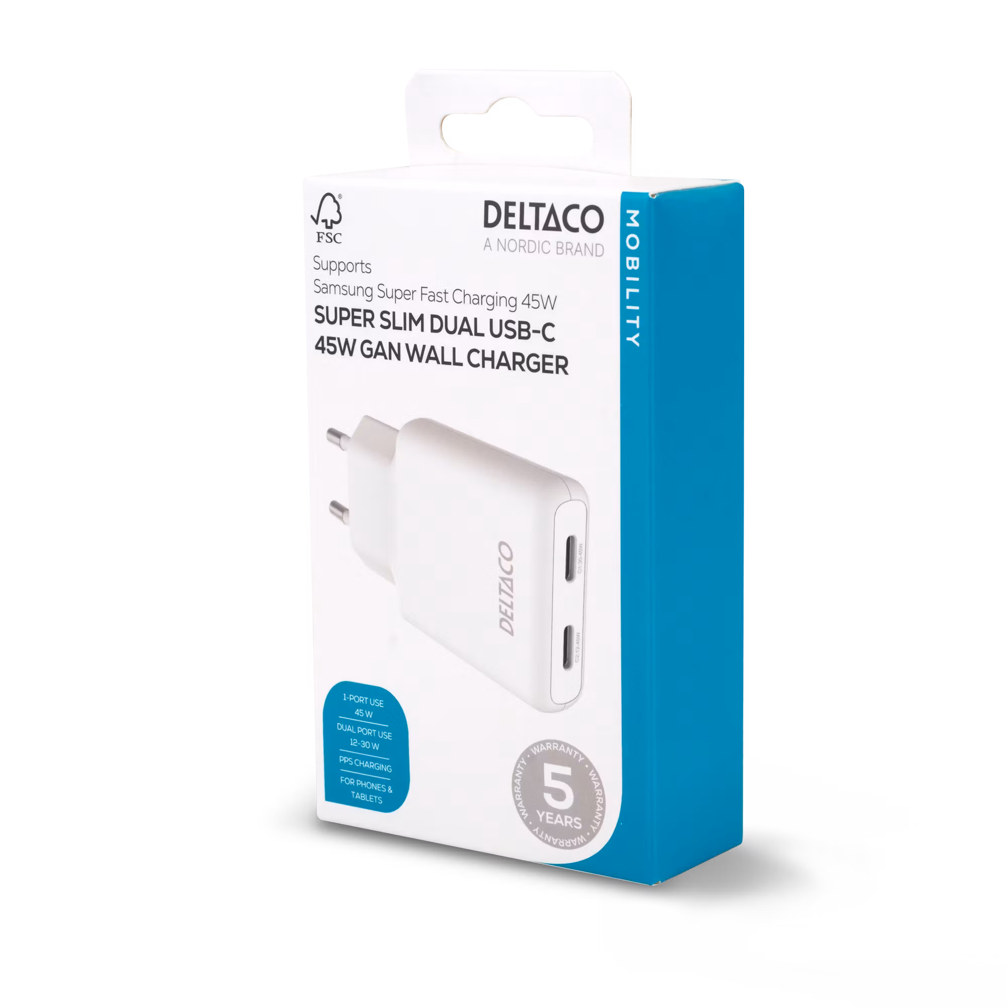Deltaco USB-C vegglader 45 W, 2x USB-C PD, slank størrelse, støtter PPS