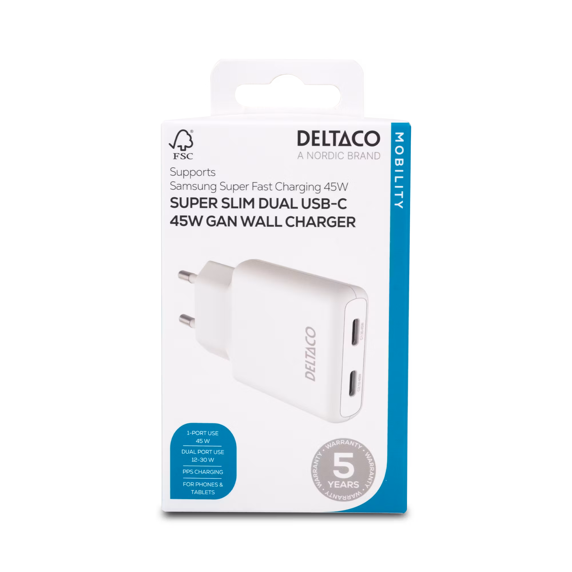 Deltaco USB-C vegglader 45 W, 2x USB-C PD, slank størrelse, støtter PPS