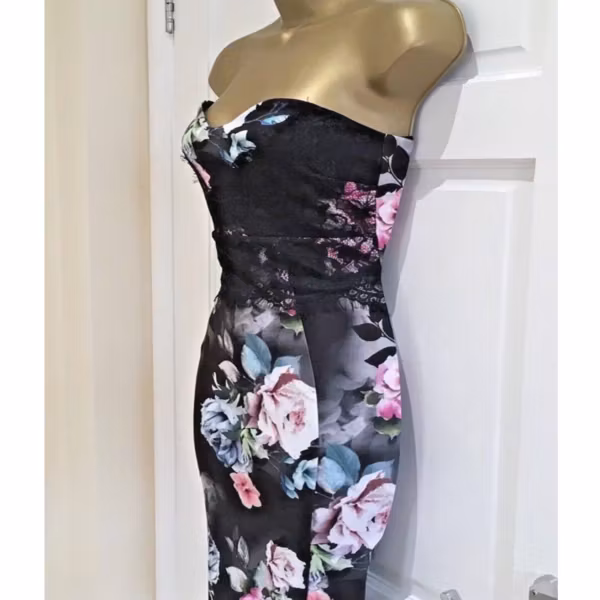 LIPSY Black Strapless Lace Floral Bodycon Party Evening dress