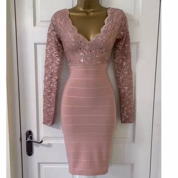 JANE NORMAN Mauve Pink Sequin Lace Plunge Bodycon Party Dress