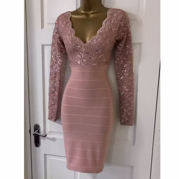 JANE NORMAN Mauve Pink Sequin Lace Plunge Bodycon Party Dress