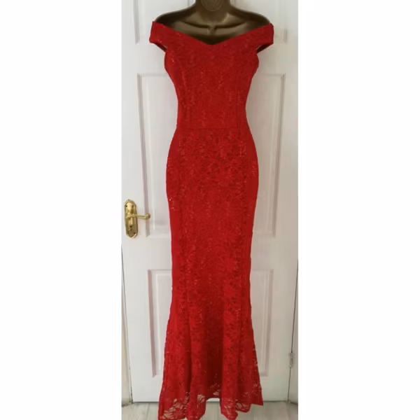 Red Lace Sequin Bardot Fishtail