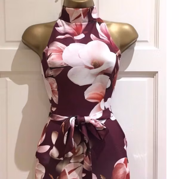 Floral Print Halter Neck Berry Midi