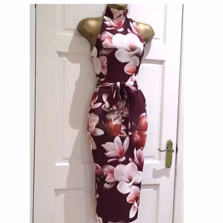 Floral Print Halter Neck Berry Midi