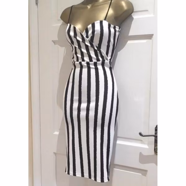 New Black White Stripes Cami V neck plunge
