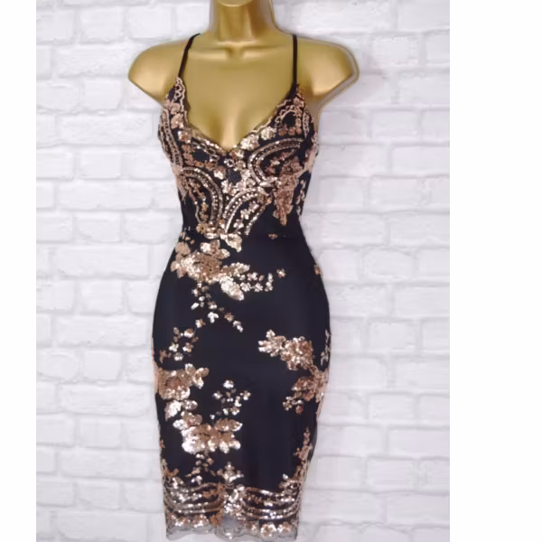 ZARI Black & Gold Sequin Lace Bodycon Evening Mini Party Dress Size 6