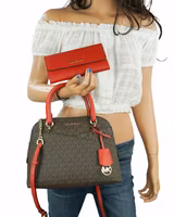 Michael Kors Jet Set M Dome Satchel Shoulder Bag+Trifold wallet Mk Brown red