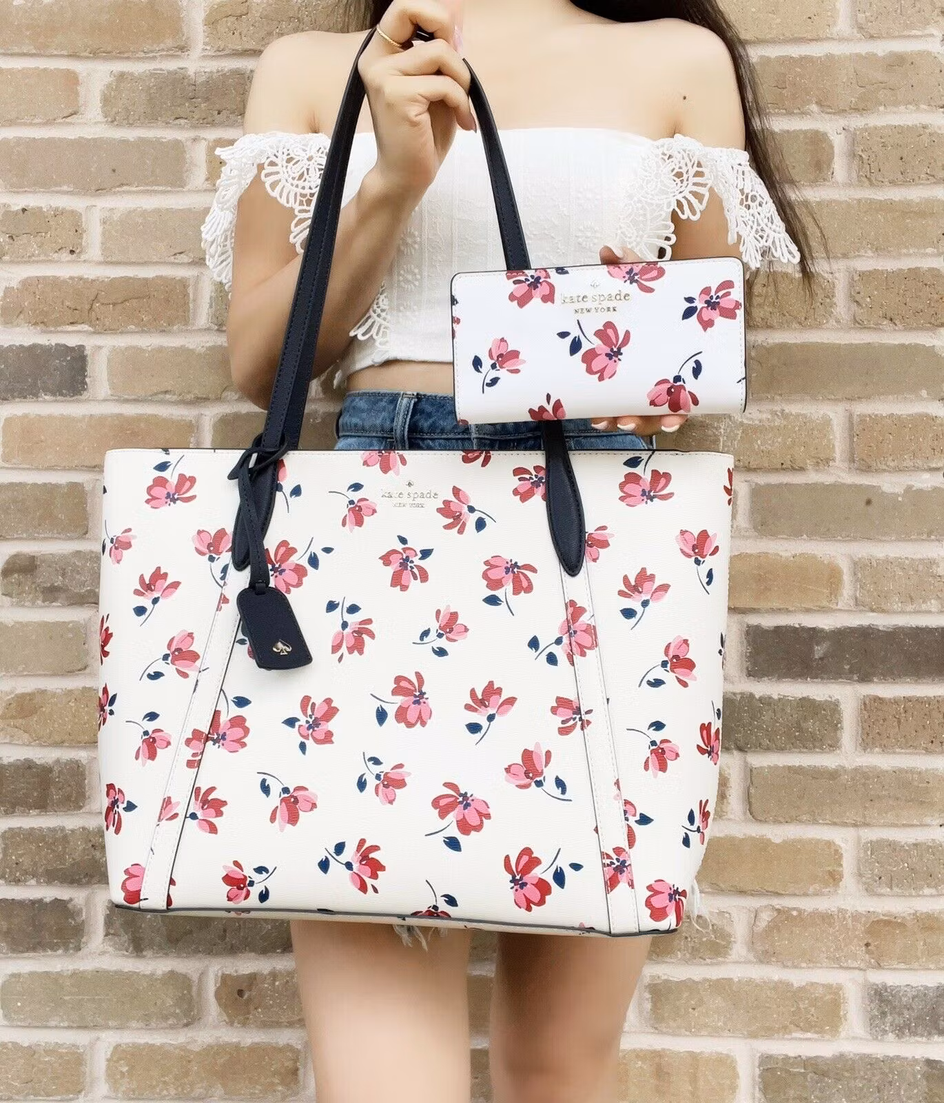 Kate Spade Cara Tea Garden Toss Large Tote White Pink Floral + Bifold Wallet