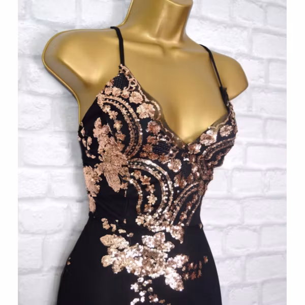 ZARIBlack & Gold Sequin Lace Bodycon Evening Mini Party Dress Size 6