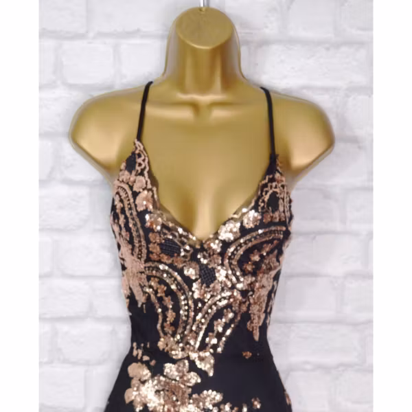 ZARIBlack & Gold Sequin Lace Bodycon Evening Mini Party Dress Size 6