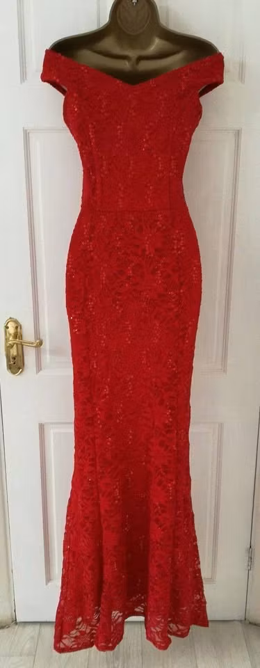 Red Lace Sequin Bardot Fishtail