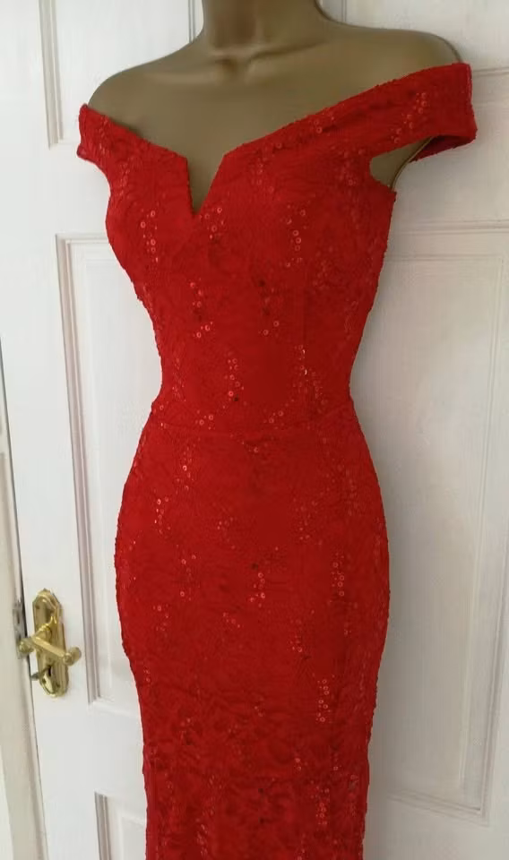 Red Lace Sequin Bardot Fishtail
