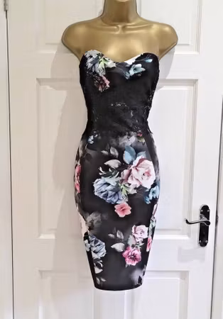 LIPSY Black Strapless Lace Floral Bodycon Party Evening dress