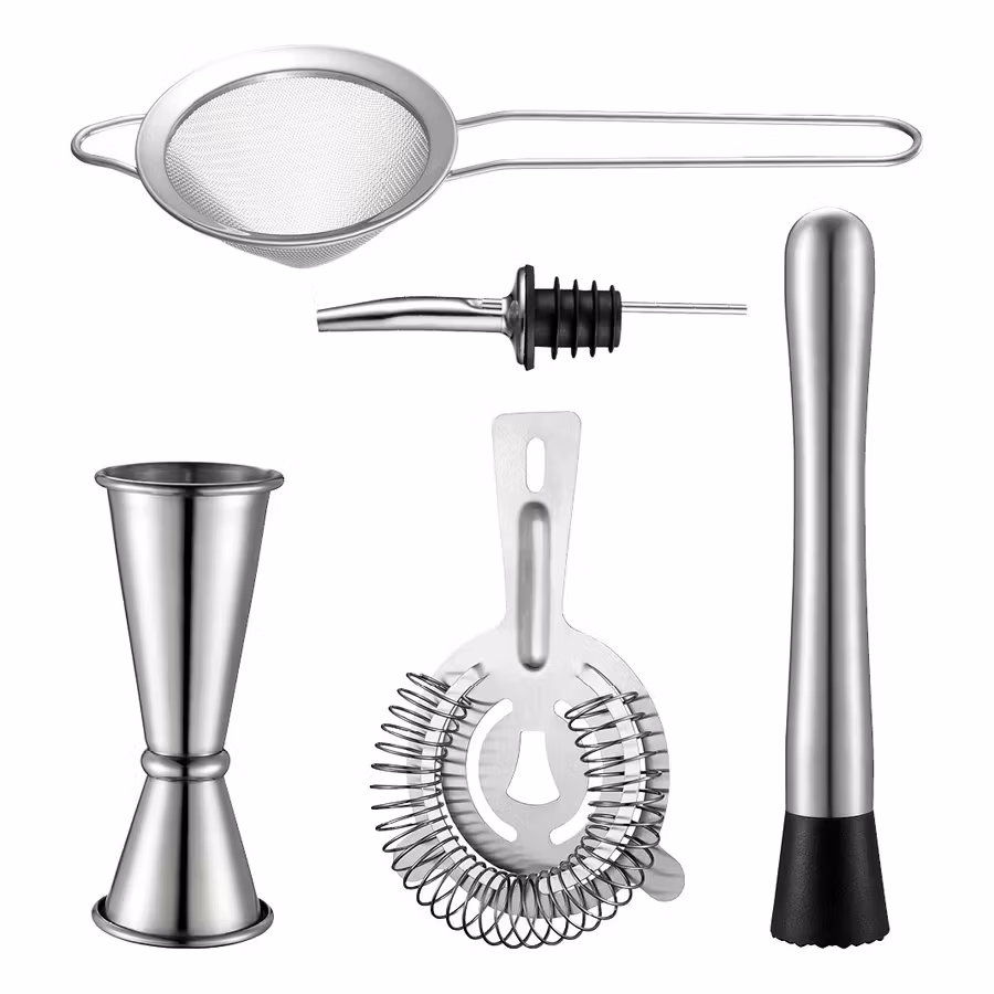 Bianca Barsetstillbehör 5 delar sil hällpip mätglas drinksil muddlare