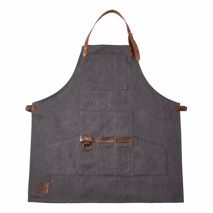 Freya Förkläde canvas grå 7 fickor pu läder  68*74cm