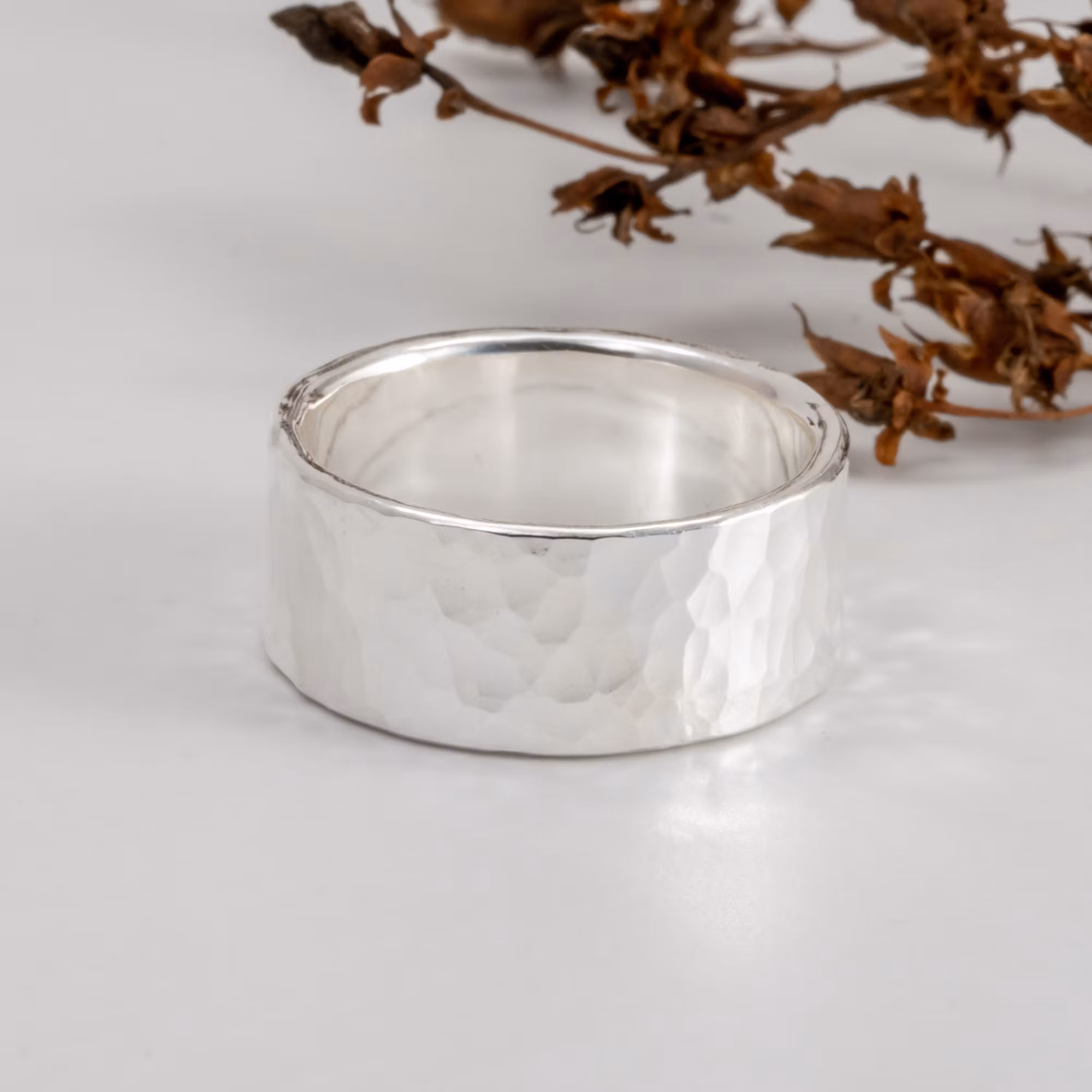 Ring 10mm Hammered Recycled Silver
