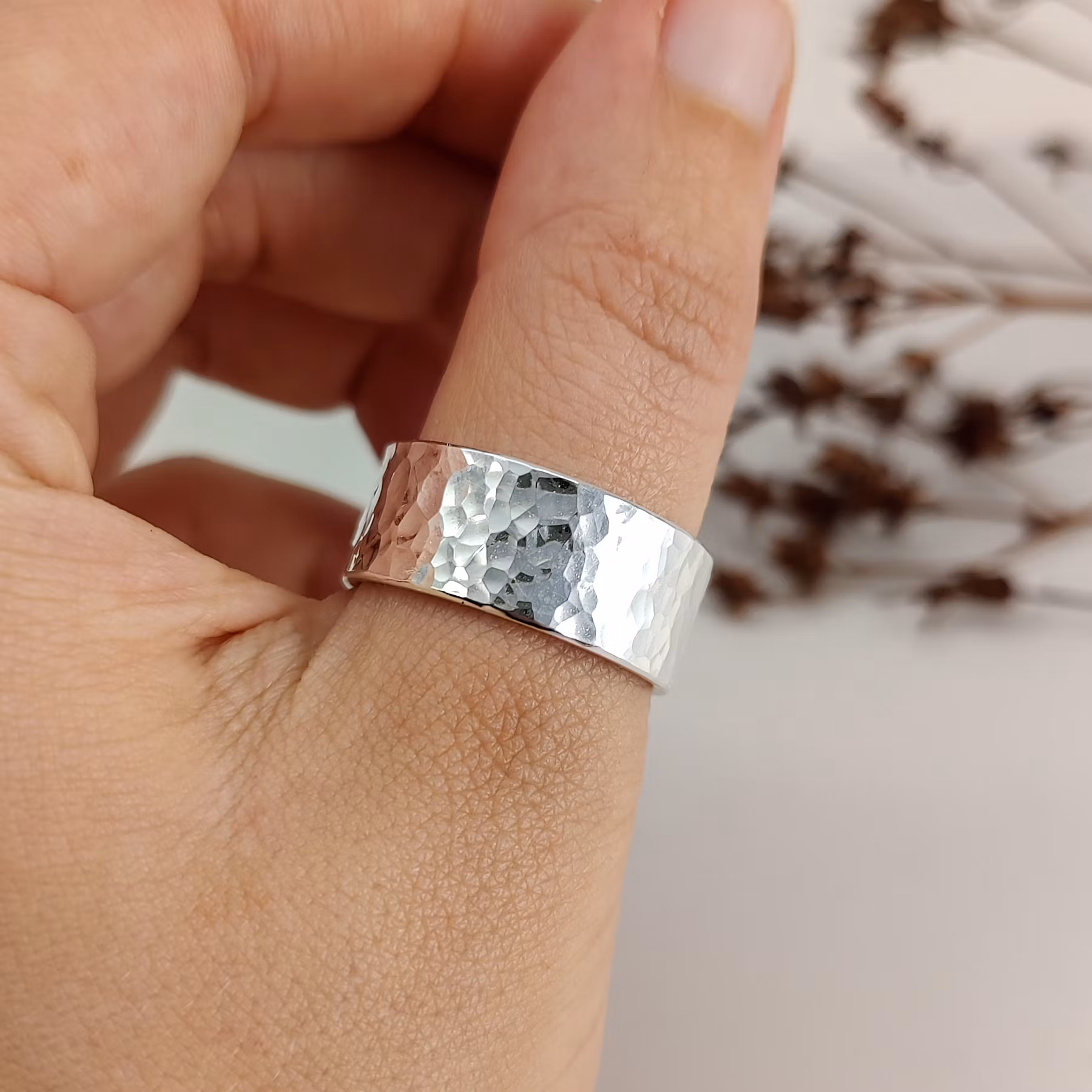 Ring 10mm Hammered Recycled Silver