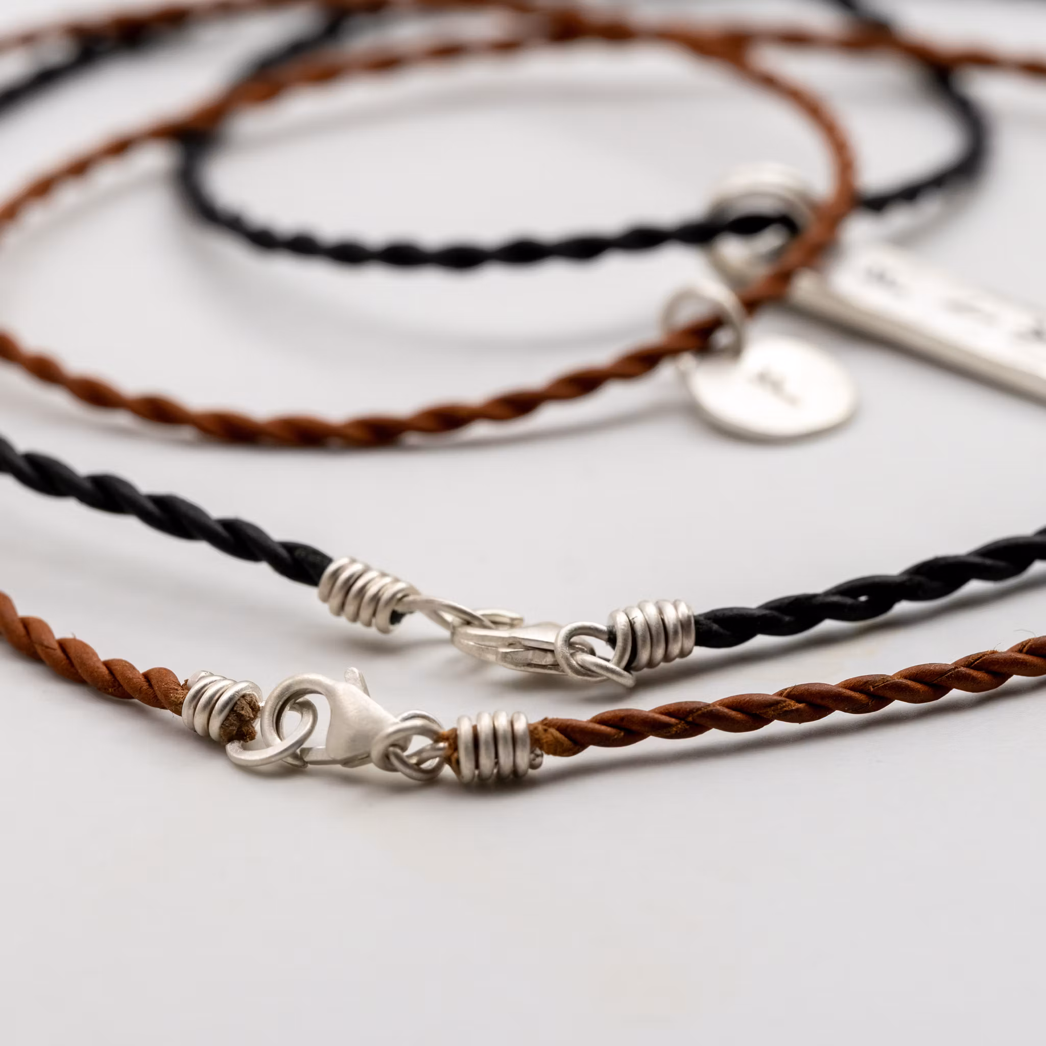 Necklace Runes Recycled Sterling Silver Leather