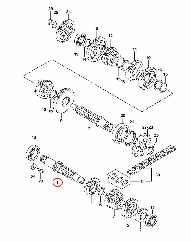 Växellåda växelaxel Suzuki RM85 2412102B42