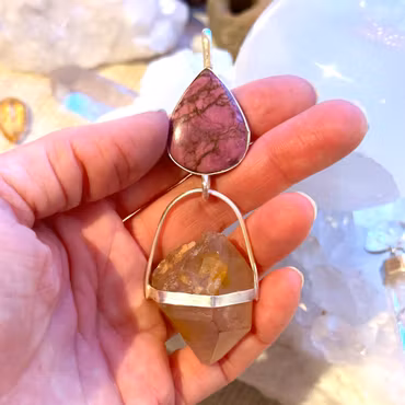 The Pure Channel of Universal Love- Pink Kobolt calcite with red double terminated quartz from the Himalayas