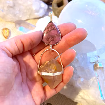 The Pure Channel of Universal Love- Pink Kobolt calcite with red double terminated quartz from the Himalayas