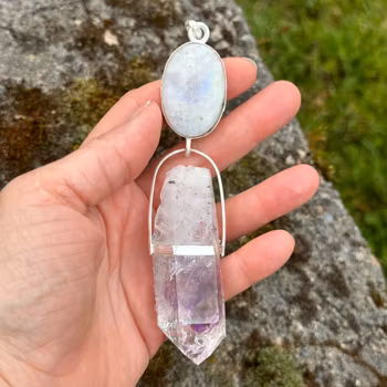 Rainbow moonstone with amazing big Brandenberg amethyst