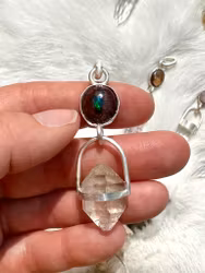 Dragon rider, fire opal in matrix with naturally double terminated quartz