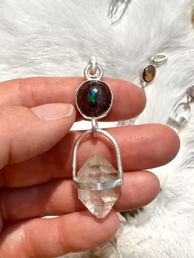 Dragon rider, fire opal in matrix with naturally double terminated quartz