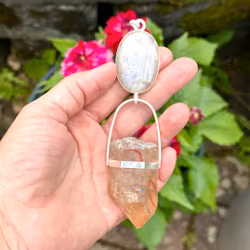The Red Godess-Sisterhood of the Rose. Apricit rainbow moonstone with red quartz Enhydro from the Himalayas