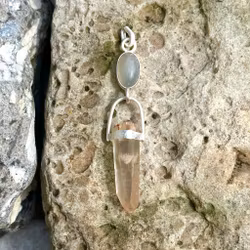 Green natural moonstone with very special phantom pink Lemurian