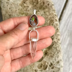 Fire agate with faceted clear quartz crystal