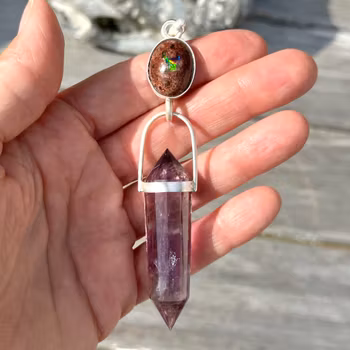 Mexican Fire Opal with Amethyst Vogel crystal with phantoms