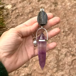 Wand of Kali- masterpiece Black Tourmaline with Amethyst Vogel crystal