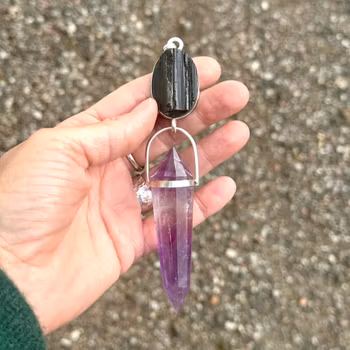 Wand of Kali- masterpiece Black Tourmaline with Amethyst Vogel crystal