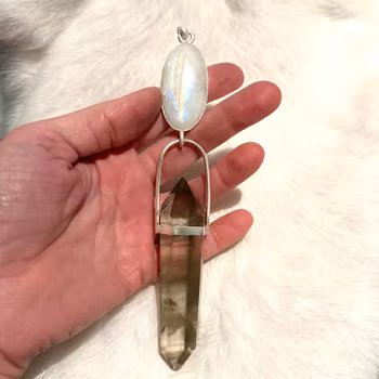 Freja -lightcodes- Moonstone with naturally double terminated Lodolite with Phantoms