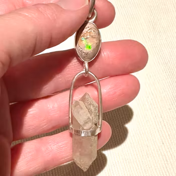 Cosmic rainbow Queen  Mexican Fire Opal with Double Terminated Clear Quartz from Norway.