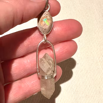 Cosmic rainbow Queen  Mexican Fire Opal with Double Terminated Clear Quartz from Norway.