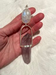 Freja, dragon rider, Rainbow Moonstone with Double terminated Green and Purple Moonstone