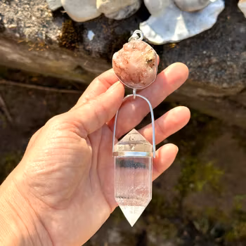 Flower of life- pink amethyst with 24 sided Vogel crystal with phantoms