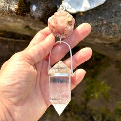 Flower of life- pink amethyst with 24 sided Vogel crystal with phantoms